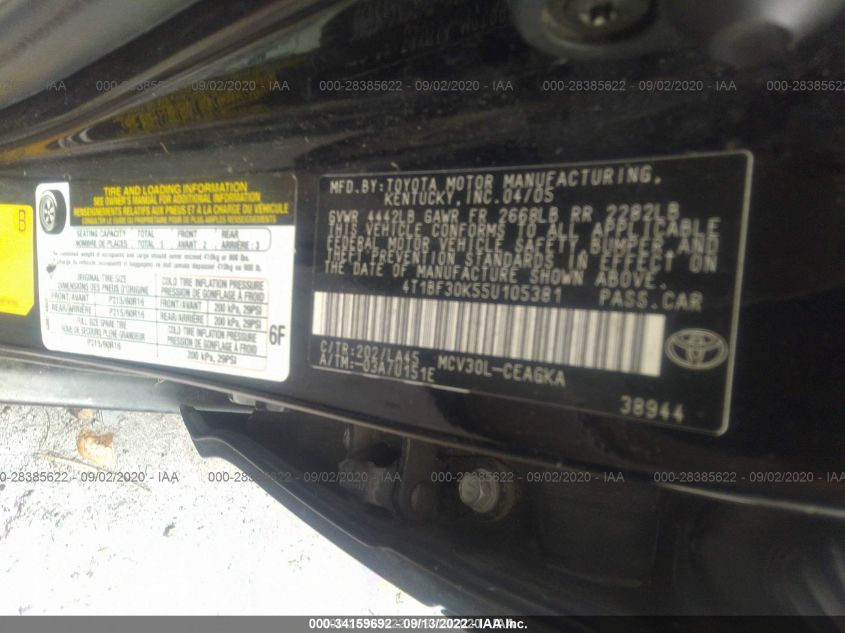 4T1BF30K55U105381 2005 Toyota Camry Xle V6