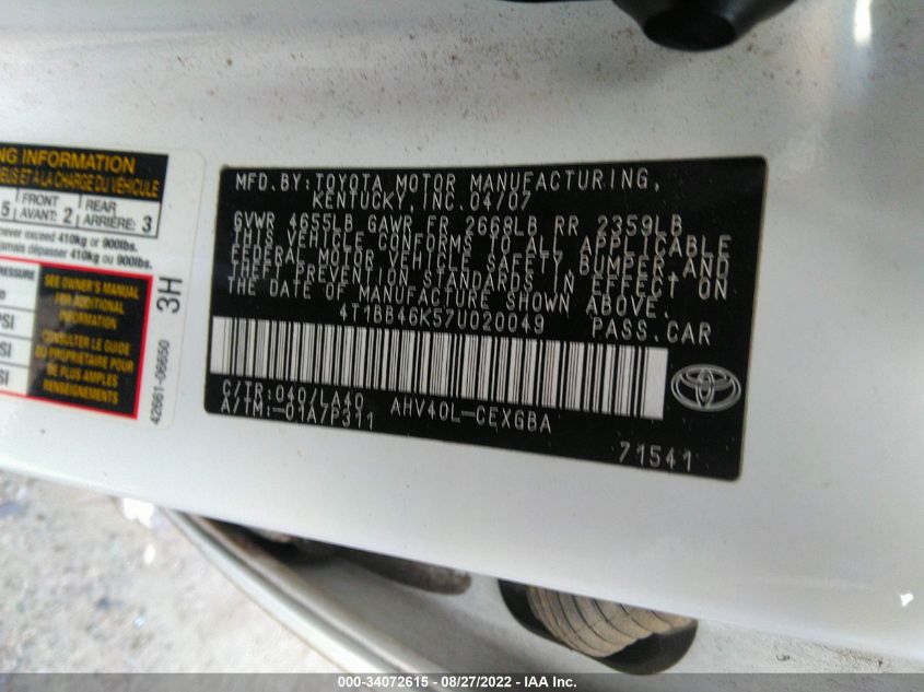 2007 Toyota Camry Hybrid VIN: 4T1BB46K57U020049 Lot: 34072615