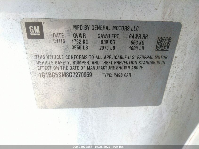 2016 Chevrolet Cruze Premier Auto VIN: 1G1BG5SM8G7270959 Lot: 34072887