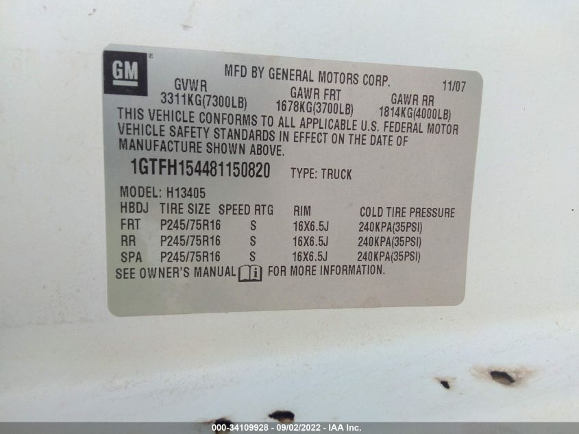 2008 GMC Savana Cargo Van VIN: 1GTFH154481150820 Lot: 34109928