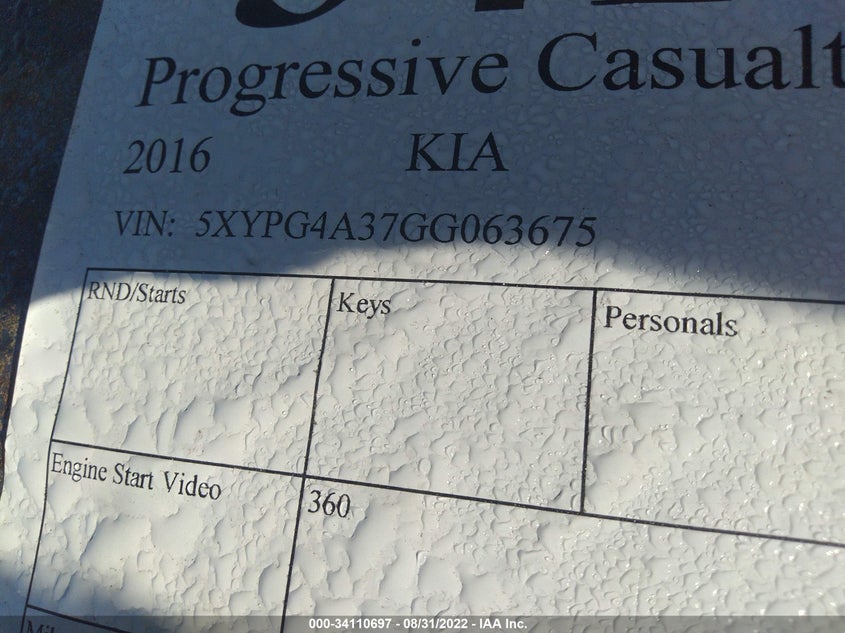 2016 Kia Sorento 2.4L Lx VIN: 5XYPG4A37GG063675 Lot: 34110697