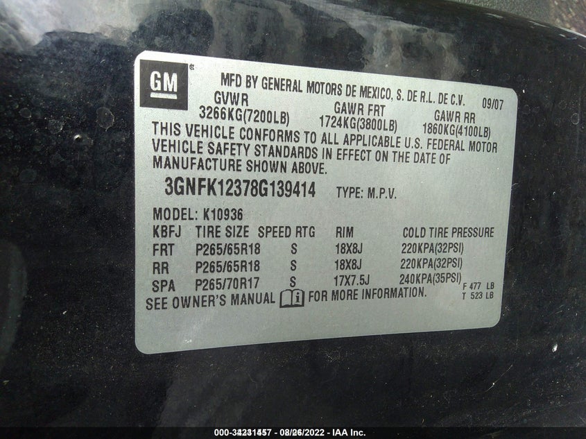 2008 Chevrolet Avalanche 1500 Lt VIN: 3GNFK12378G139414 Lot: 34231457