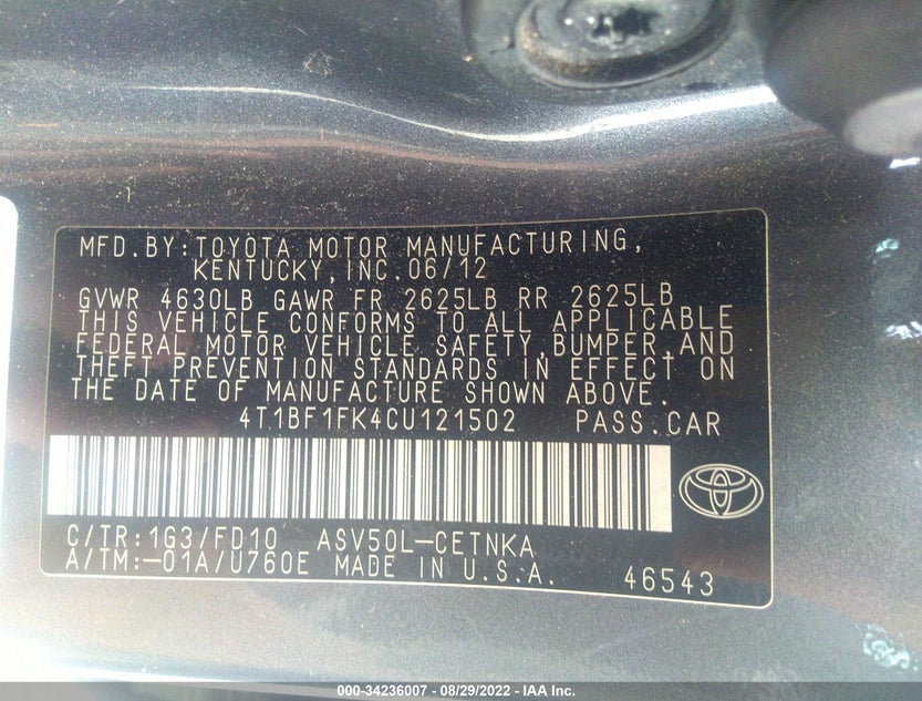 4T1BF1FK4CU121502
