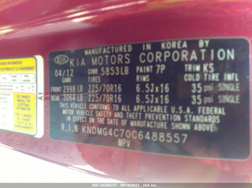 2012 Kia Sedona Lx VIN: KNDMG4C70C6488557 Lot: 34268237