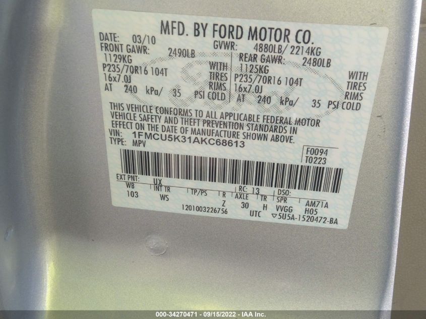 2010 Ford Escape Hybrid Limited VIN: 1FMCU5K31AKC68613 Lot: 34270471