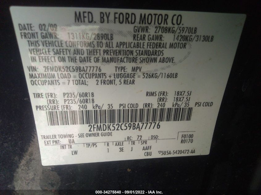 2FMDK52C59BA77776 2009 Ford Flex Sel