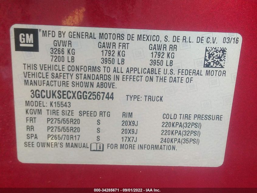 3GCUKSECXGG256744 2016 Chevrolet Silverado 1500 2Lz