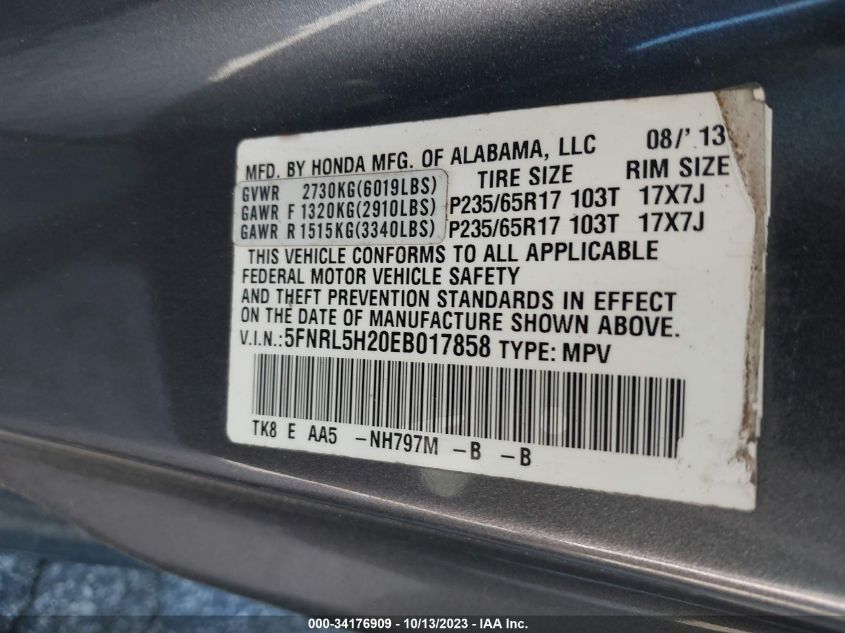 2014 Honda Odyssey Lx VIN: 5FNRL5H20EB017858 Lot: 34176909