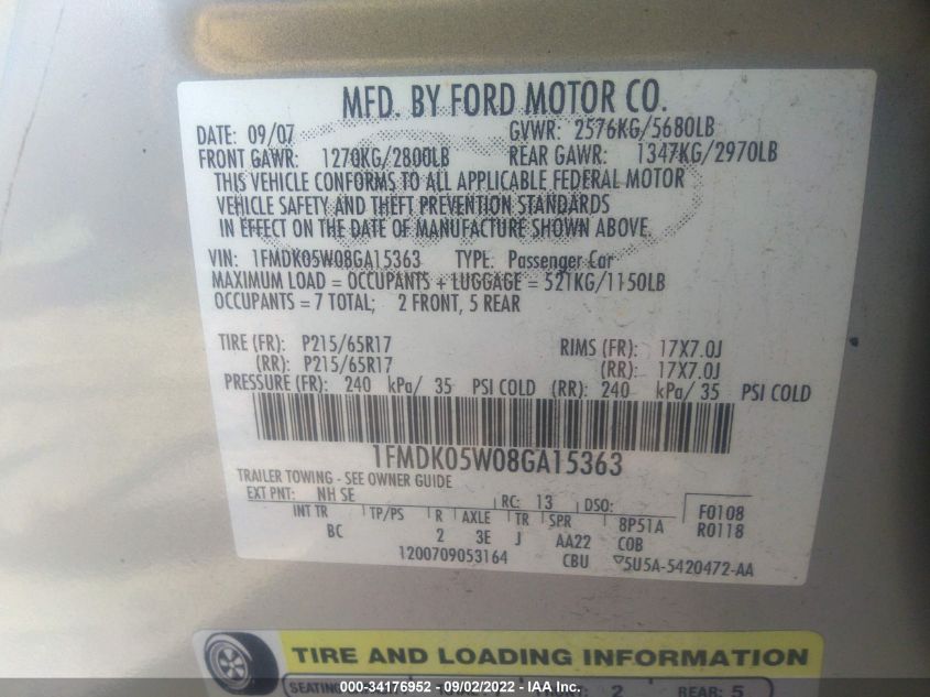 1FMDK05W08GA15363 2008 Ford Taurus X Sel