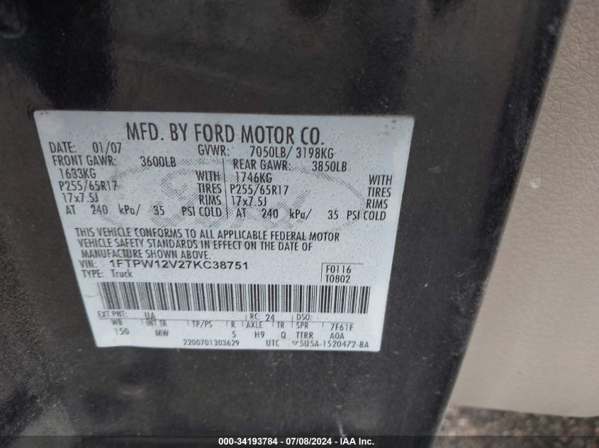 2007 Ford F-150 Xlt/Lariat VIN: 1FTPW12V27KC38751 Lot: 34193784