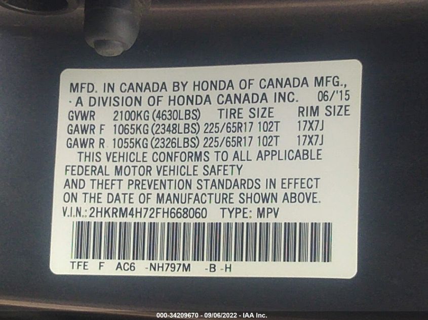 2015 Honda Cr-V Ex-L VIN: 2HKRM4H72FH668060 Lot: 34209670