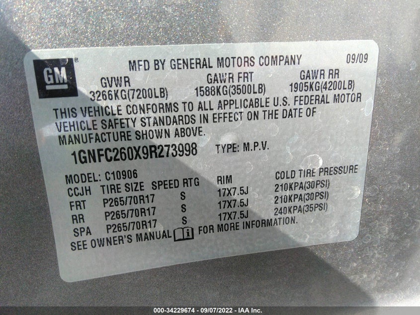 2009 CHEVROLET SUBURBAN VIN: 1GNFC260X9R273998