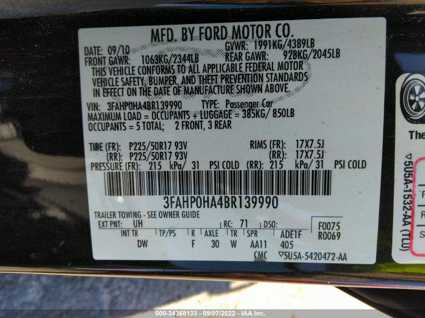 2011 Ford Fusion Se VIN: 3FAHP0HA4BR139990 Lot: 34368133