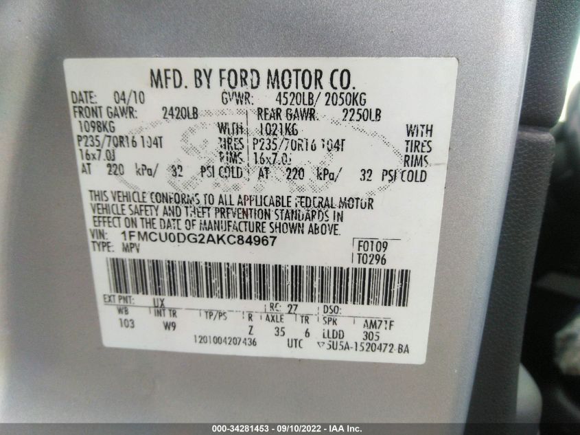 1FMCU0DG2AKC84967 2010 Ford Escape Xlt