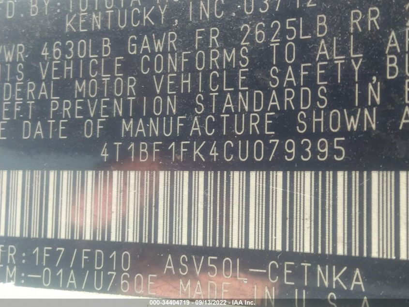 2012 Toyota Camry L/Le/Se/Xle VIN: 4T1BF1FK4CU079395 Lot: 34404719