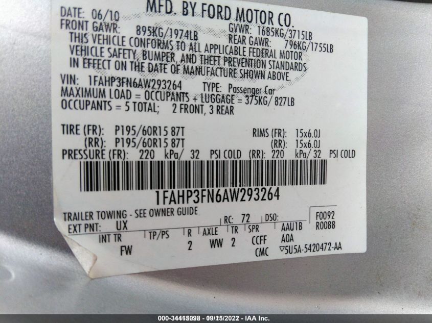 1FAHP3FN6AW293264 2010 Ford Focus Se