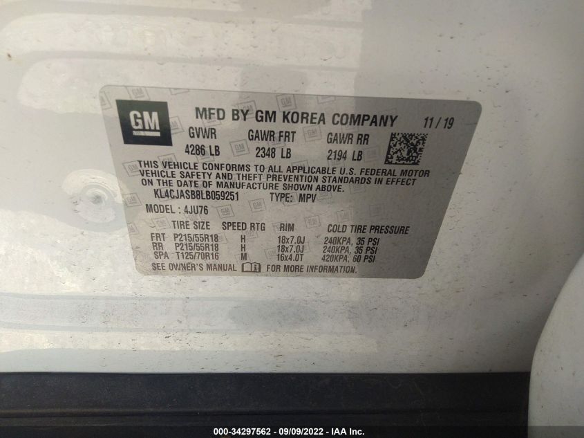 2020 Buick Encore Fwd Preferred VIN: KL4CJASB8LB059251 Lot: 34297562