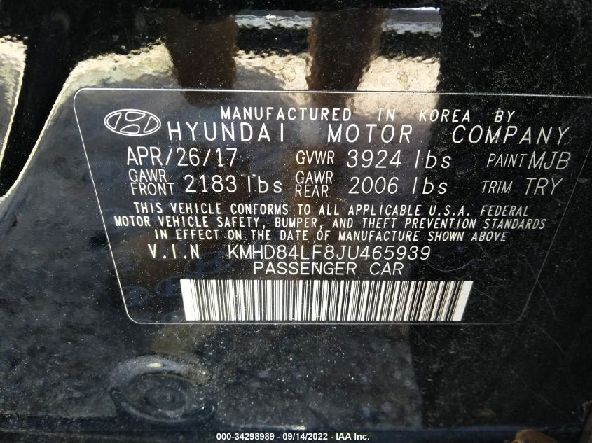 KMHD84LF8JU465939 2018 Hyundai Elantra Sel