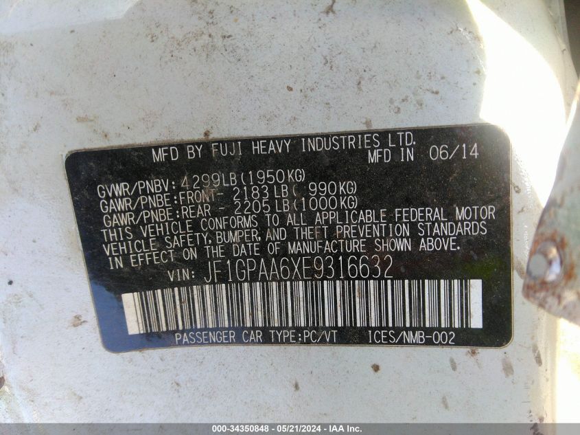 2014 Subaru Impreza 2.0I VIN: JF1GPAA6XE9316632 Lot: 34350848