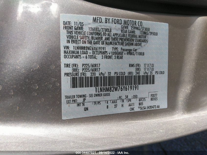 2006 Lincoln Town Car Signature Limited VIN: 1LNHM82W76Y619191 Lot: 34487021