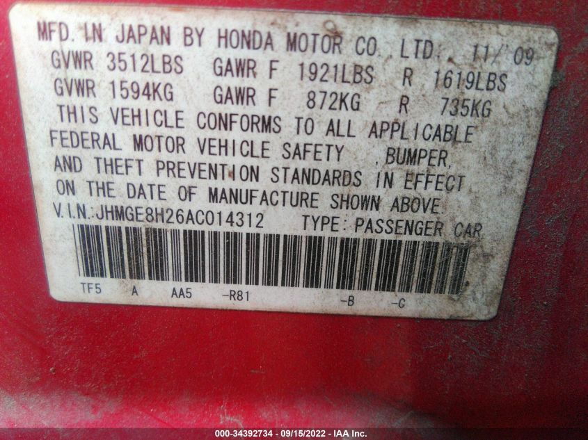 JHMGE8H26AC014312 2010 Honda Fit