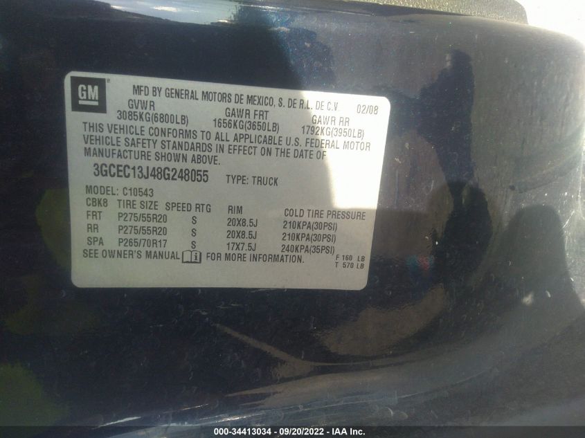 2008 Chevrolet Silverado 1500 Lt1 VIN: 3GCEC13J48G248055 Lot: 34413034