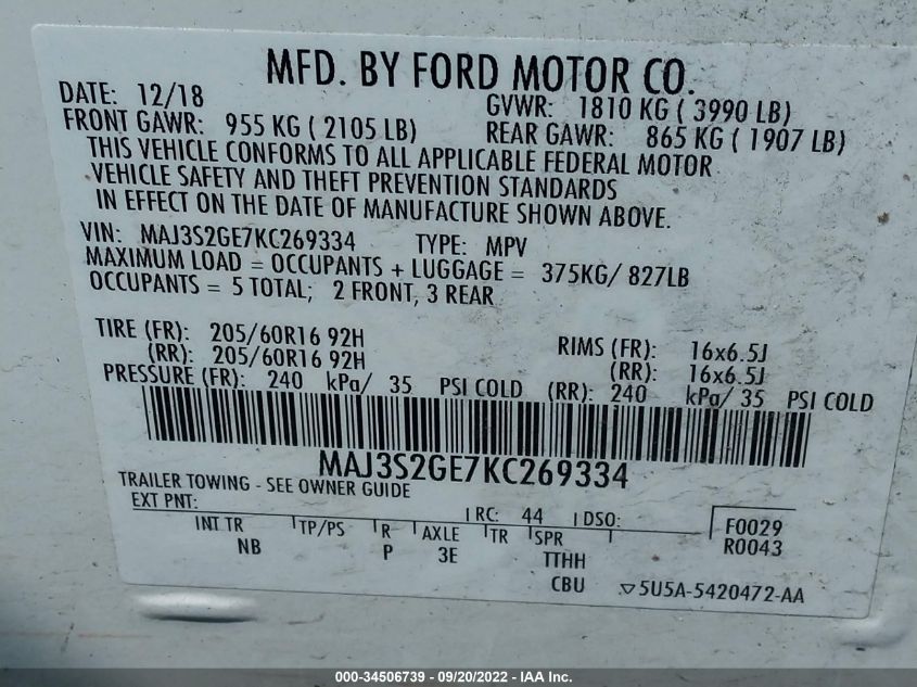 MAJ3S2GE7KC269334 2019 Ford Ecosport Se