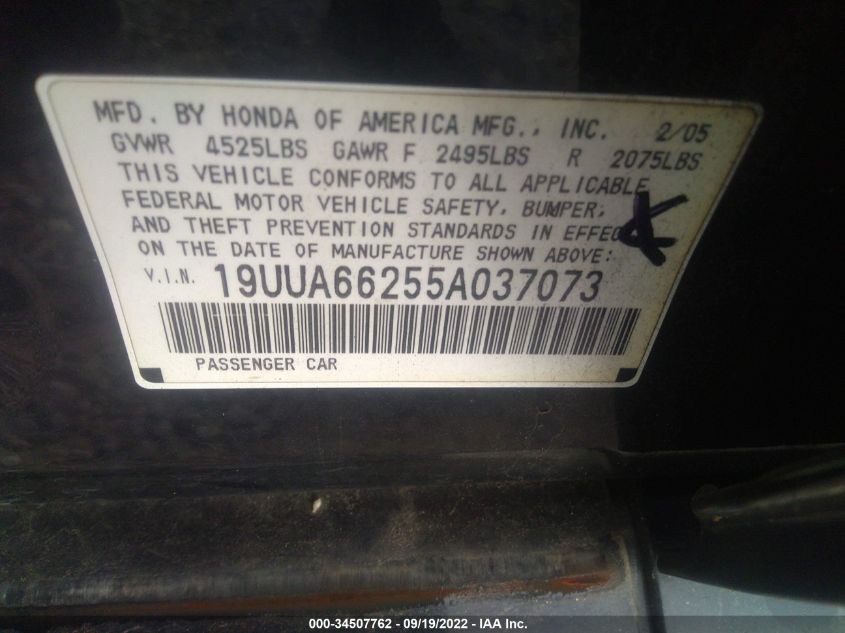 2005 Acura Tl VIN: 19UUA66255A037073 Lot: 34507762