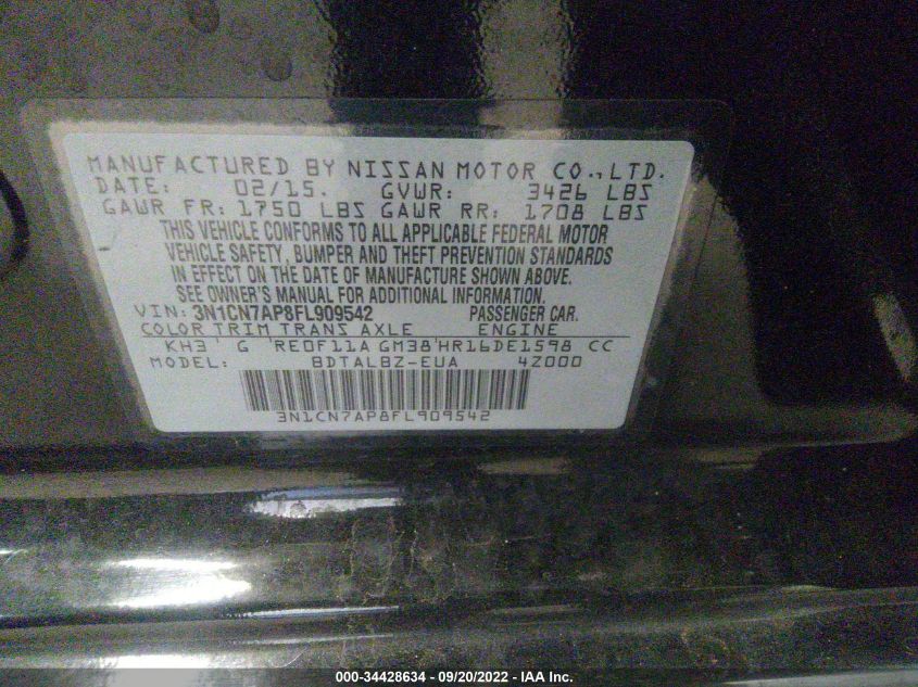 2015 Nissan Versa 1.6 S/1.6 S+/1.6 Sl/1.6 Sv VIN: 3N1CN7AP8FL909542 Lot: 34428634