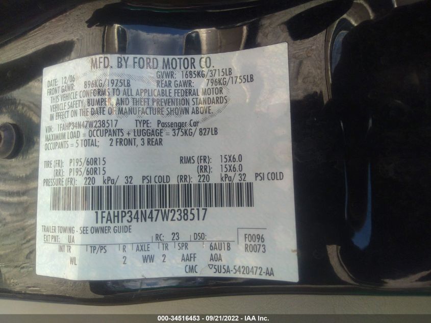 1FAHP34N47W238517 2007 Ford Focus S/Se/Ses