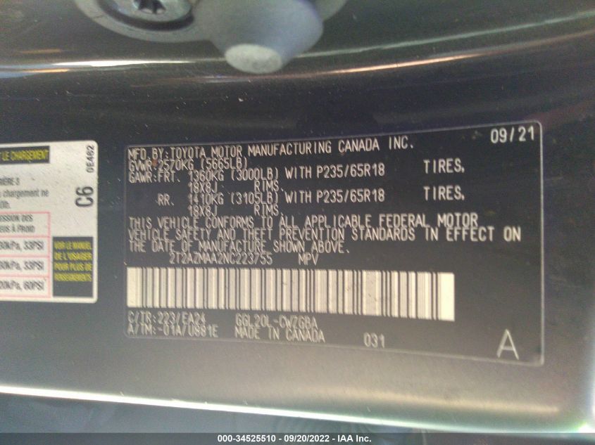 2022 Lexus Rx Rx 350 VIN: 2T2AZMAA2NC223755 Lot: 34525510