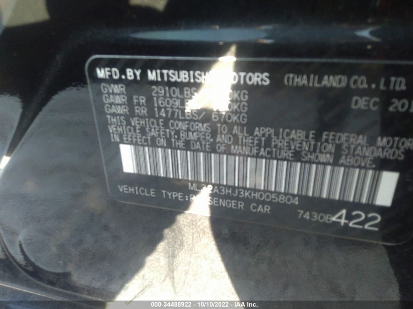 2019 Mitsubishi Mirage Es VIN: ML32A3HJ3KH005804 Lot: 34488922