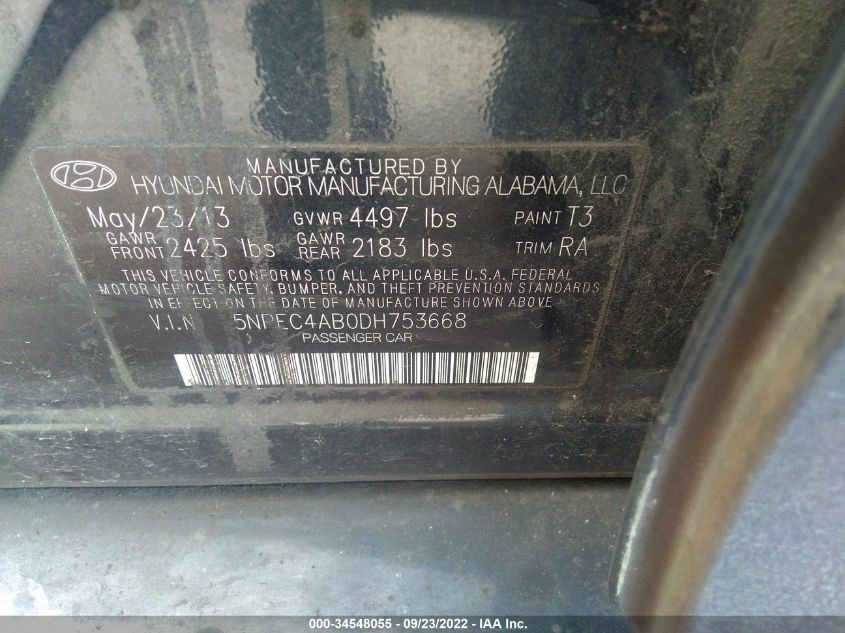 5NPEC4AB0DH753668 2013 Hyundai Sonata Se 2.0T