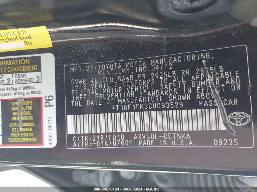 4T1BF1FK3CU093529 2012 Toyota Camry Le