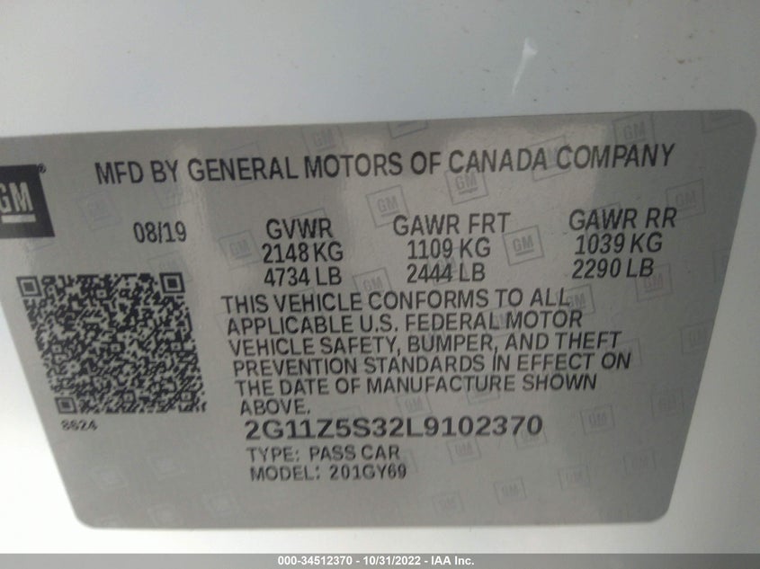 2020 CHEVROLET IMPALA VIN: 2G11Z5S32L9102370