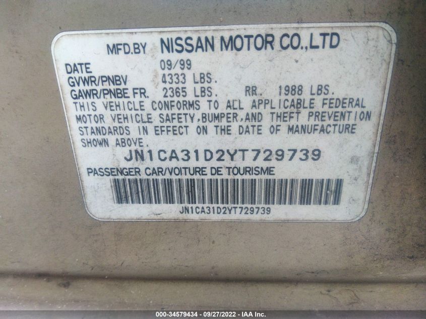 2000 Nissan Maxima Gxe/Gle/Se VIN: JN1CA31D2YT729739 Lot: 34579434