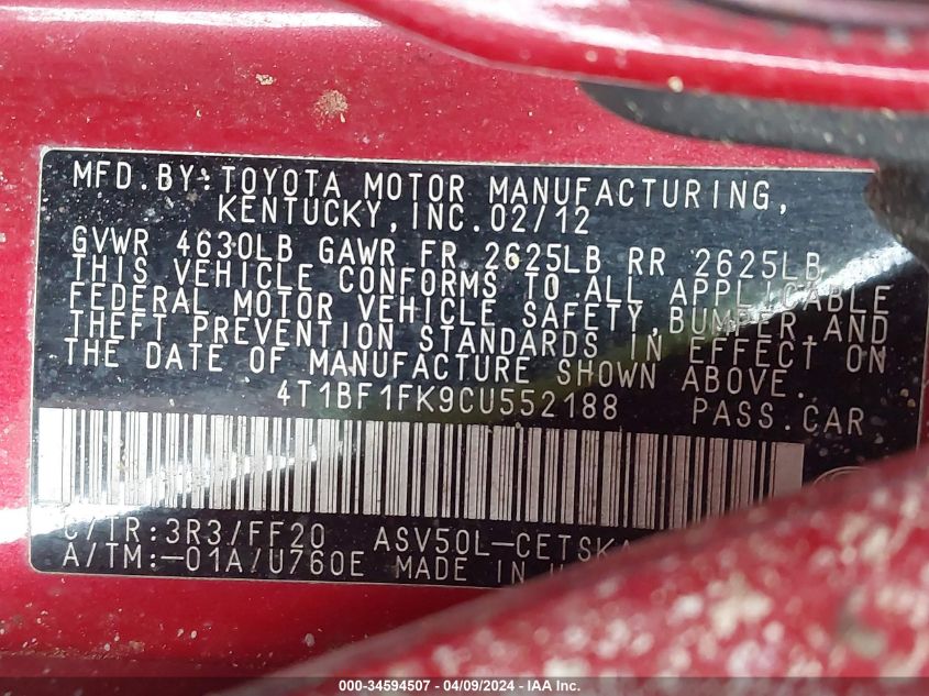 2012 Toyota Camry Se VIN: 4T1BF1FK9CU552188 Lot: 48976654