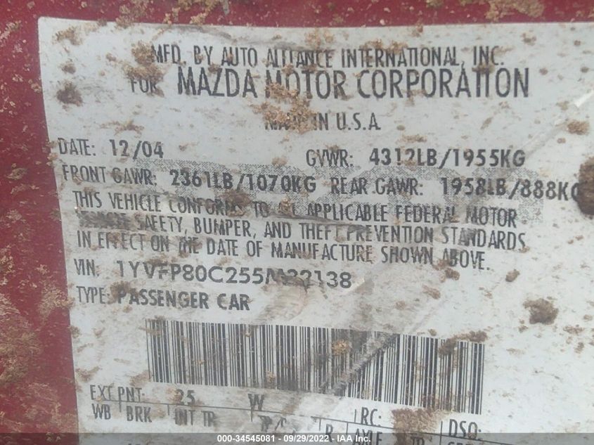 1YVFP80C255M32138 2005 Mazda Mazda6 I Base