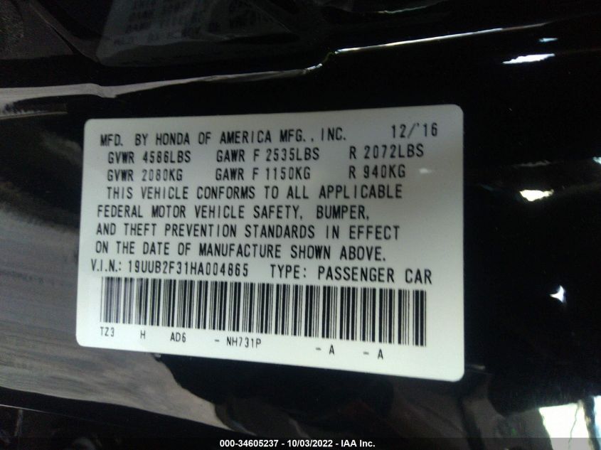 19UUB2F31HA004865 2017 Acura Tlx V6