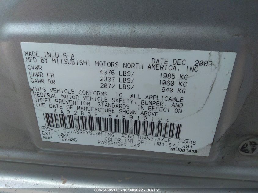 2010 Mitsubishi Galant Es/Se VIN: 4A32B3FF8AE012124 Lot: 34605373