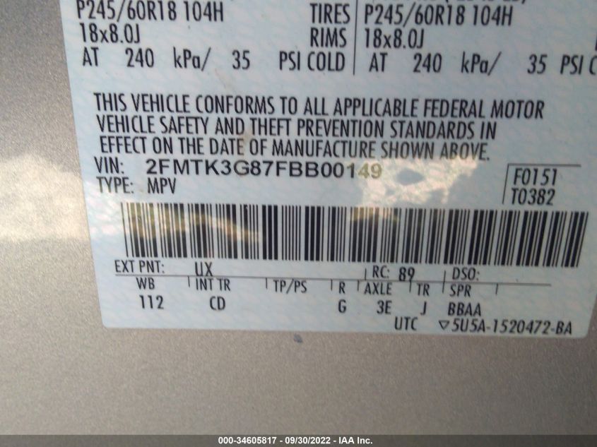 VIN 2FMTK3G87FBB00149 2015 Ford Edge, SE no.9