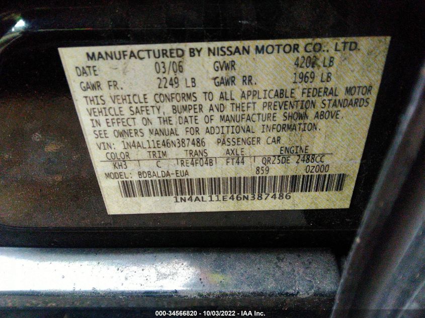 1N4AL11E46N387486 2006 Nissan Altima 2.5 S