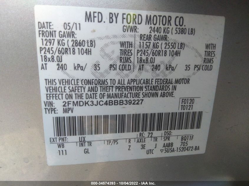 2011 Ford Edge Sel VIN: 2FMDK3JC4BBB39227 Lot: 34574393