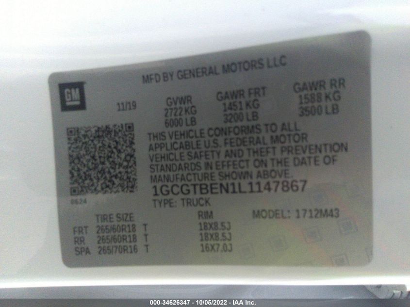 2020 Chevrolet Colorado 4Wd Short Box Wt VIN: 1GCGTBEN1L1147867 Lot: 34626347