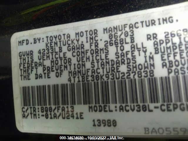 4T1BE30K93U227838 2003 Toyota Camry Xle