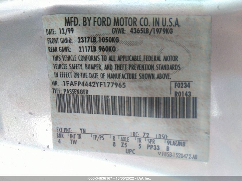 1FAFP4442YF177965 2000 Ford Mustang