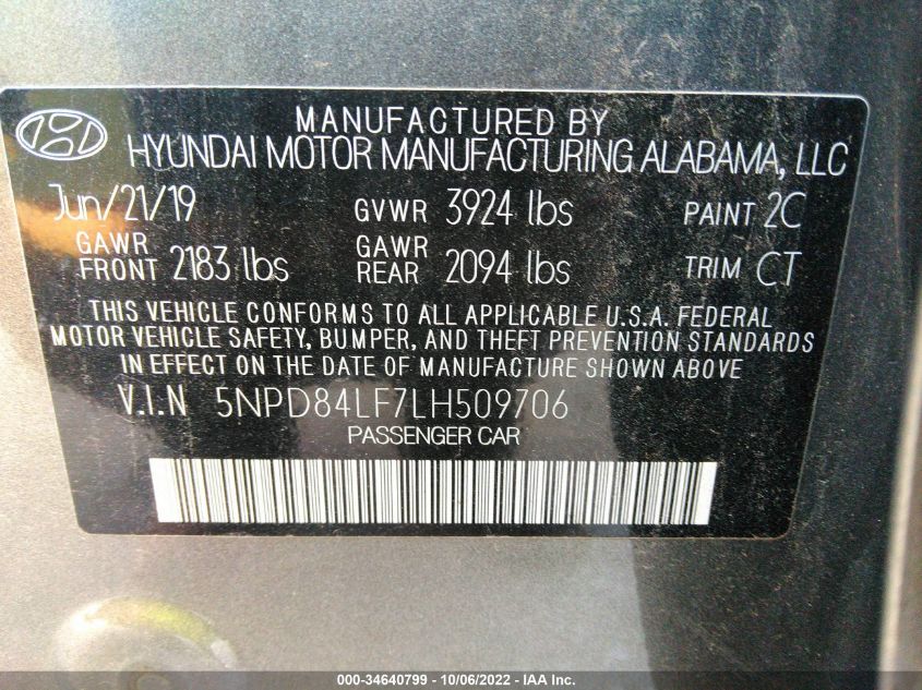 2020 Hyundai Elantra Sel VIN: 5NPD84LF7LH509706 Lot: 34640799