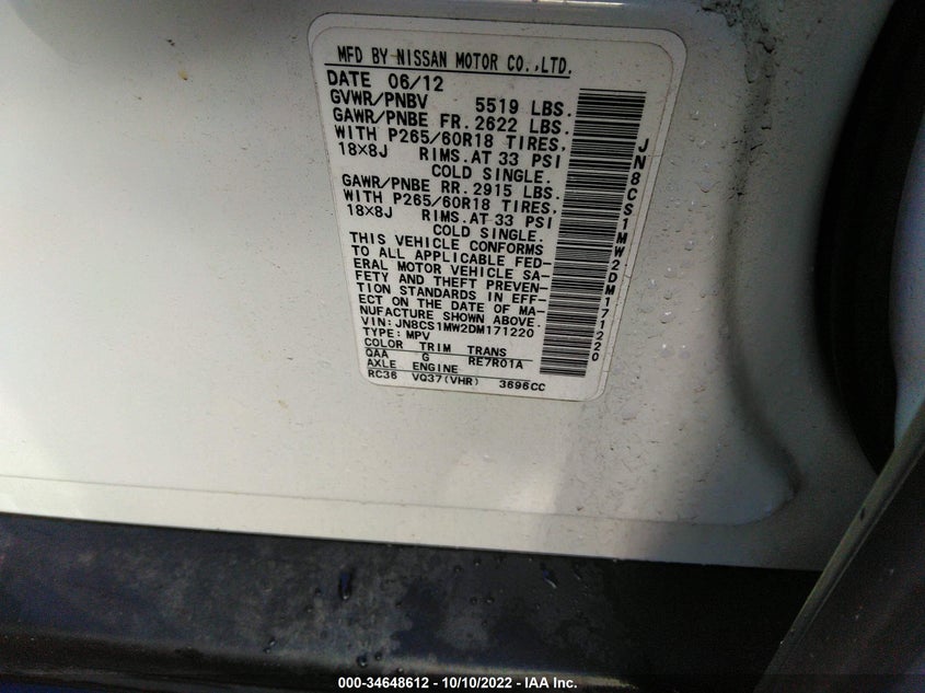 2013 INFINITI FX37 JN8CS1MW2DM171220