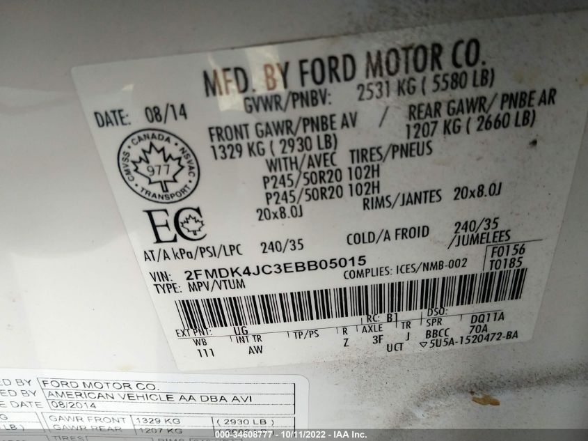 2FMDK4JC3EBB05015 2014 Ford Edge Sel