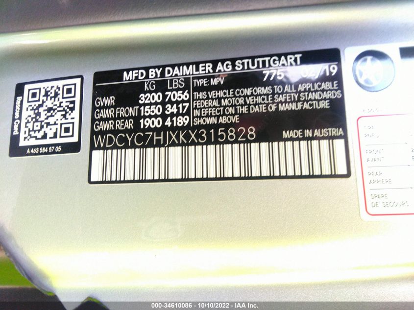 VIN WDCYC7HJXKX315828 2019 Mercedes-Benz G-Class, A... no.9